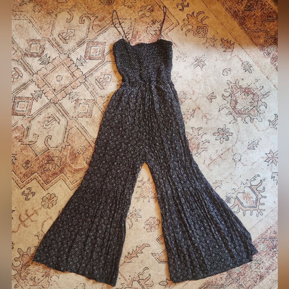 Free People Wide Leg Navy Printed Jumpsuit Size Small
